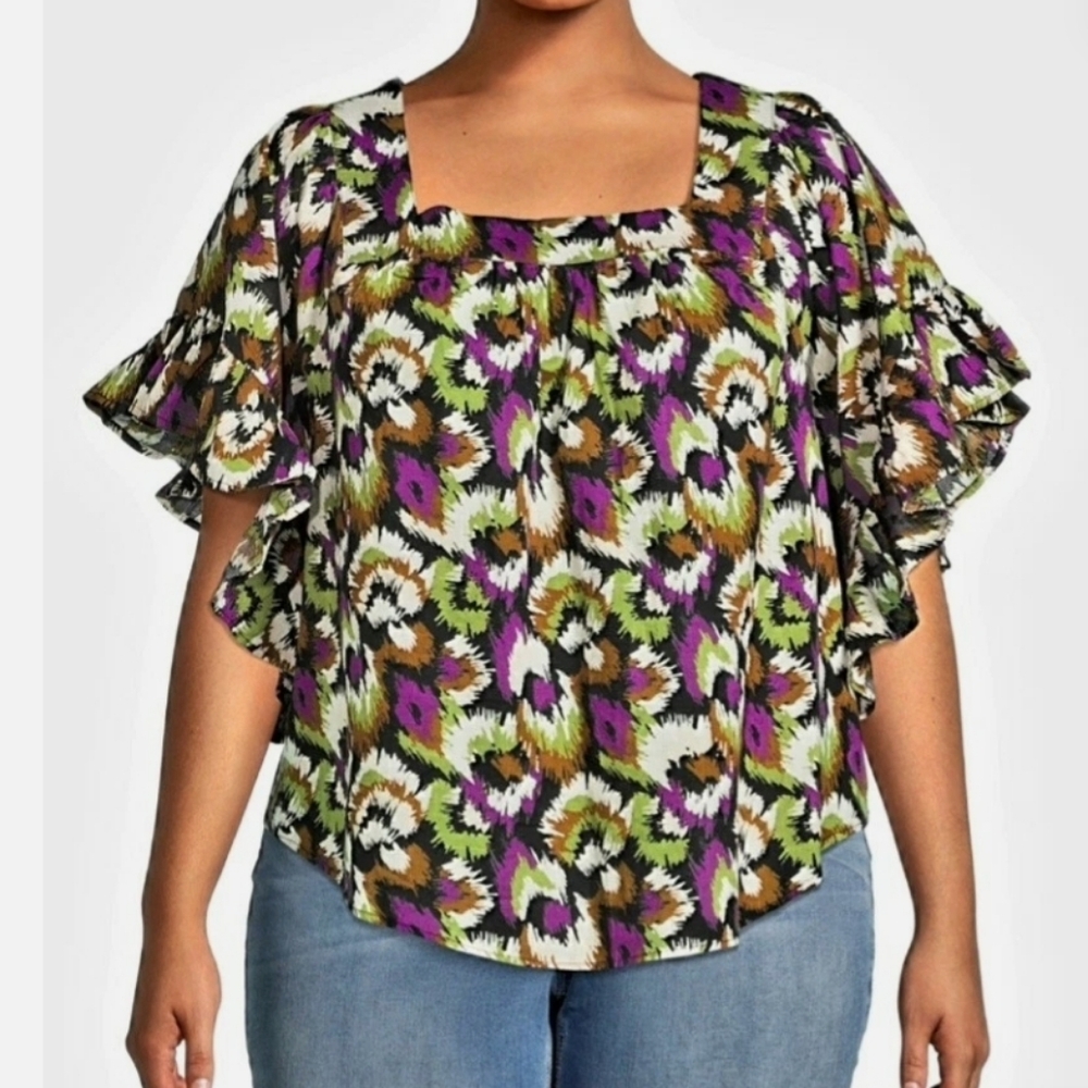Terra & Sky Square Neck Peasant‎ Top Women Ruffle Sleeve 4X Boho Blouse